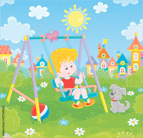 Smiling little boy on a toy swing on a playground in a park of a town on a sunny summer day, vector illustration in a cartoon style