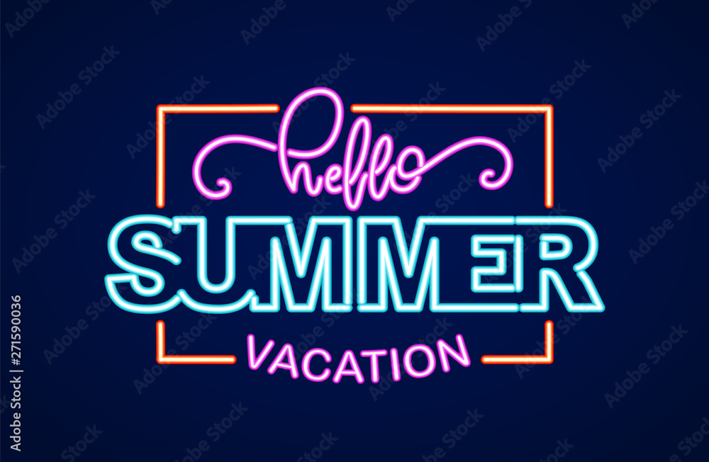 Neon light 3d lettering composition of Hello Summer Vacation in frame.