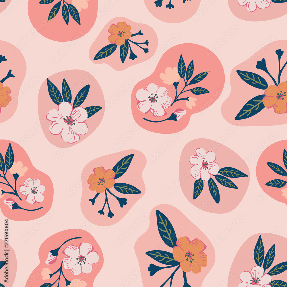 Modern floral seamless pattern in coral rose, pink and green with rounded organic shapes. Beautiful for textiles, gift wrapping paper, invitations, fashion, home decor and product packaging.