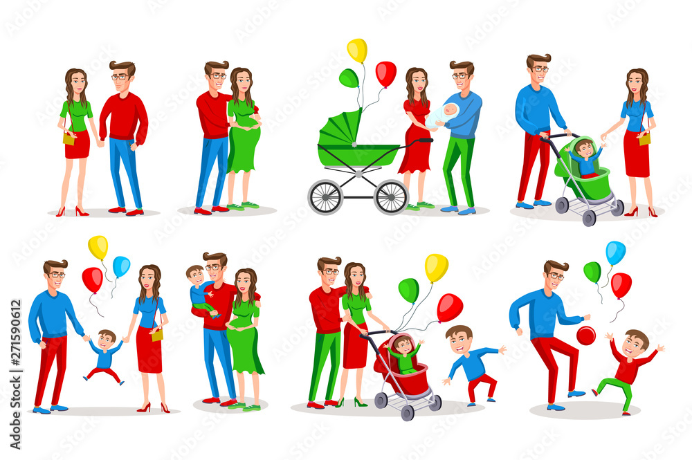 Set of characters the family. Creation, birth of children, care and upbringing. Mother, father, daughter and son. Vector illustration in a flat style