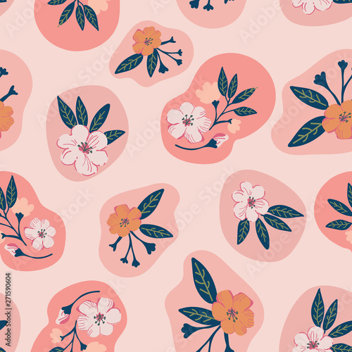 Modern floral seamless pattern in coral rose, pink and green with rounded organic shapes. Beautiful for textiles, gift wrapping paper, invitations, fashion, home decor and product packaging.
