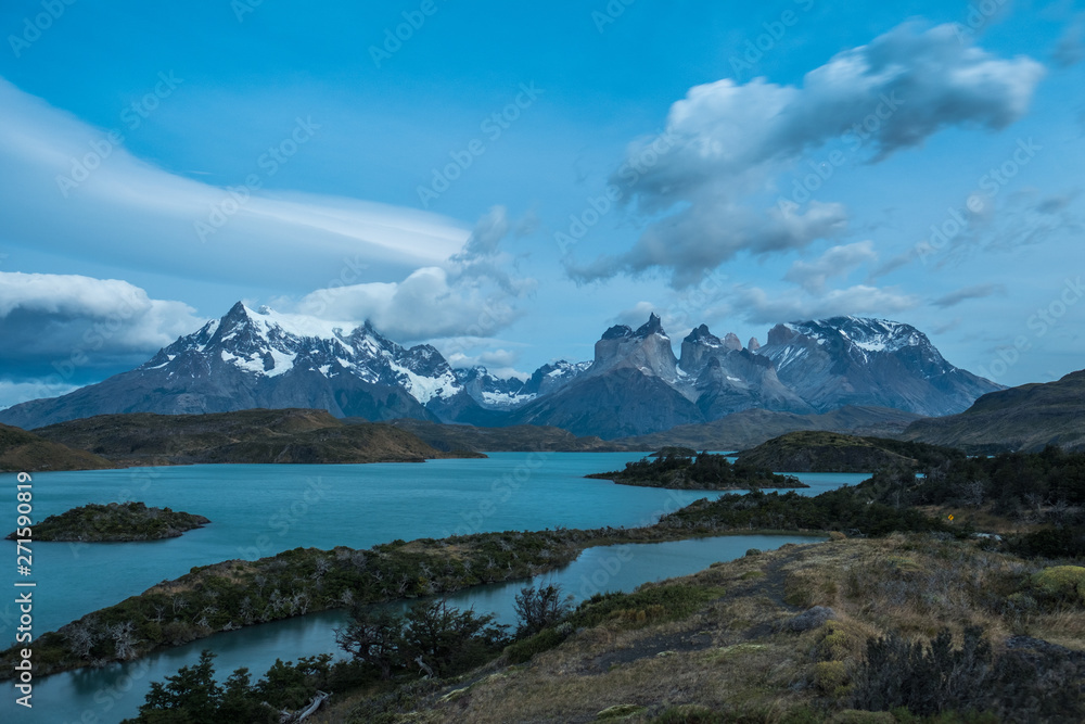 Torres del Paine National Park during the blue hour before sunrise. Chile