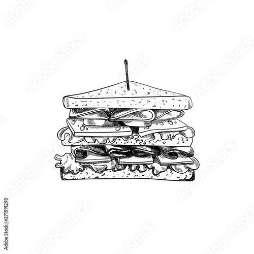 Vector Sandwich with Toothpick Sketch, Hand Drawn Illustration, Outline Black Drawing Isolated.