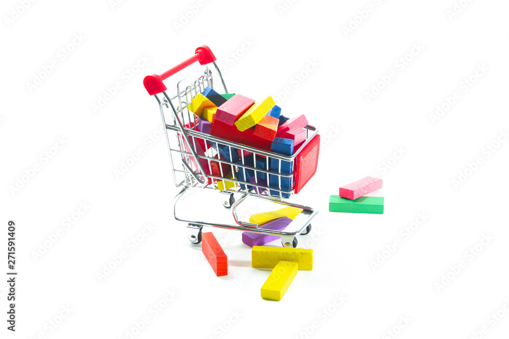 Toys in trolley on white background.  Concept shopping online for toys.