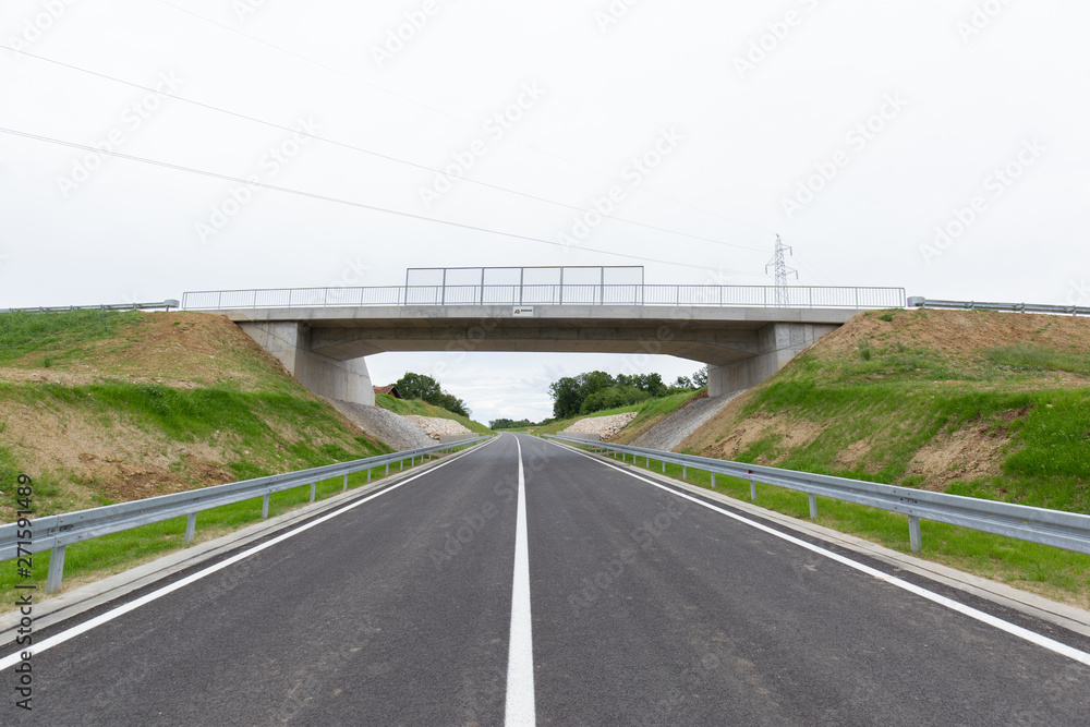 A new recently built highway in Brcko district, Bosnia and Herzegovina. The road was built by Spanish company Rubau and is important for the region