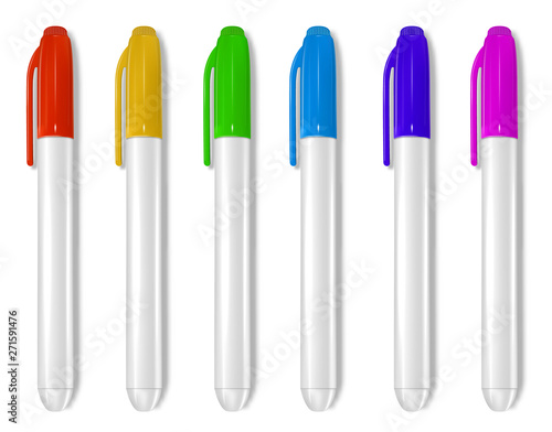 Whiteboard markers collection.Pen of different colors, consumables for home and office. Back to school. In a realistic style. Set of icons. Isolated on a white background. Vector illustration.