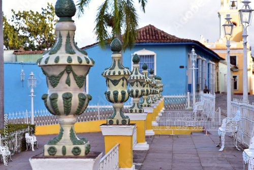 Central Park in the historic town of Trinidad with its romantic background Museum, Cuba