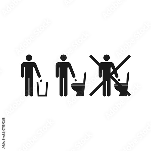 Do not throw paper or rubbish in the toilet vector sign. Throw trash in the recycle bin, do not litter black symbol. WC icon set.