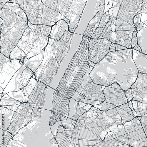 Manhattan map. Light map of Manhattan borough (New York, United States). Highly detailed map of Manhattan with water objects, roads, railways, etc.