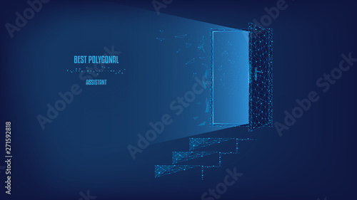 Light from the doorway. Steps to the door. Polygonal illustration of triangles and points. Background of beautiful dark blue night sky. Design for various successful conceptual projects. Low poly.