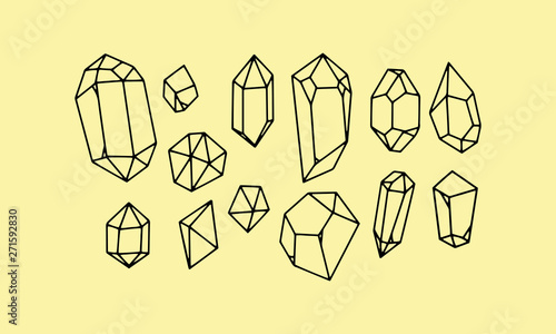 set Crystal lineart  icon. Outline element kit of mineral stone for game. diamond, emerald, aquamarine. Simple crystal black contour vector Illustration 