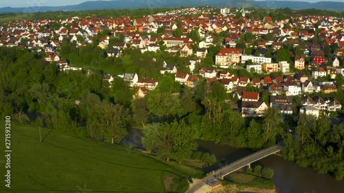 Aerial of  the village Kirchentellinsfurt in Schwaben Germany, with wide view zoom out photo