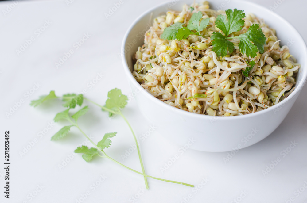 mung beans salad on white background, in a white deep plate mung beans salad on white background, in a white deep plate