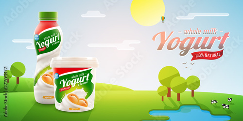 Apricot yougurt packaging design on shiny outdoor background with trees and cows, flat techique vector illustration for milk or yogurt product branding or advertising design