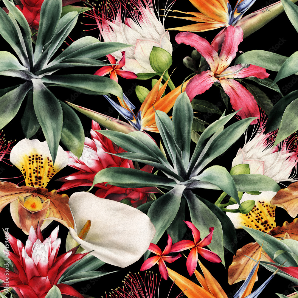 Seamless floral pattern with tropical flowers, watercolor. - obrazy, fototapety, plakaty 
