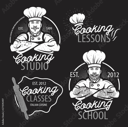 Cooking vintage logo. Cooking Class template logo with Chef. Modern design poster. Label, badge, poster for food studio, cooking courses, culinary school. Vector illustration.