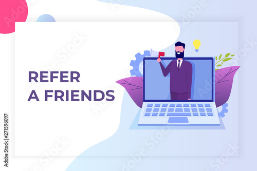 Refer a friend, Referral network marketing.   Recommend to  friend. Share referral code  Man shout on megaphone. Vector illustration.