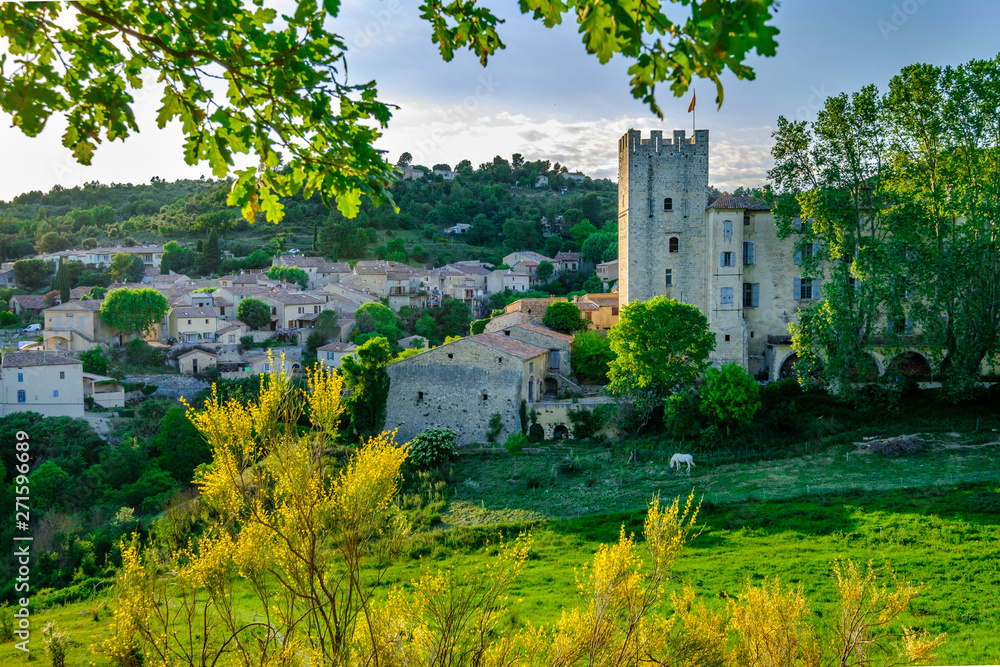 Vue panoramique sur le village et le château d'Esparron de Verdon. Provence, France.