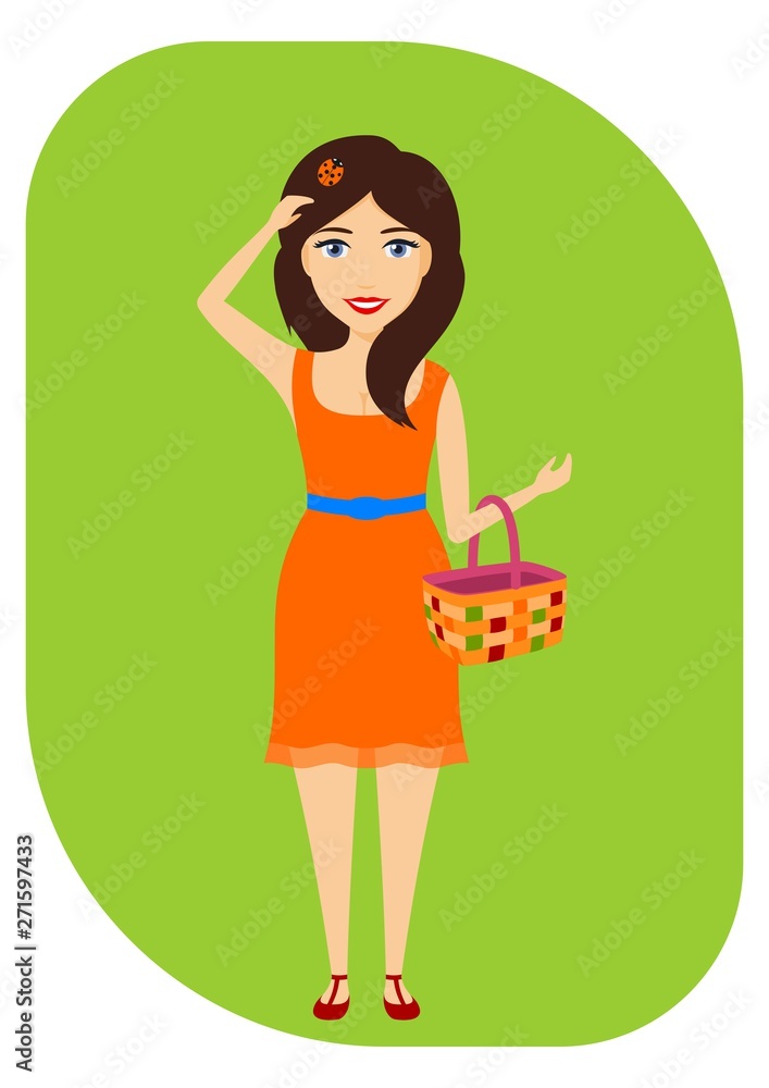 Style. Young beautiful girl in a light summer dress with a basket on her hand. Cartoon. Vector illustration. Style. Young beautiful girl in a light summer dress with a basket on her hand. Cartoon. Vector illustration.
