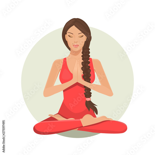Cute cartoon girl in yoga lotus practices meditation. Practice of yoga. Vector illustration. Young and happy woman meditating