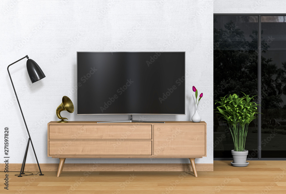 3D rendering of interio living room with Smart TV, cabinet, lamp and plant. 3D rendering of interio living room with Smart TV, cabinet, lamp and plant.