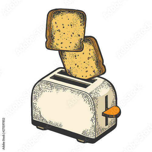 Toaster with flying out bread toast crouton color sketch engraving vector illustration. Scratch board style imitation. Black and white hand drawn image.