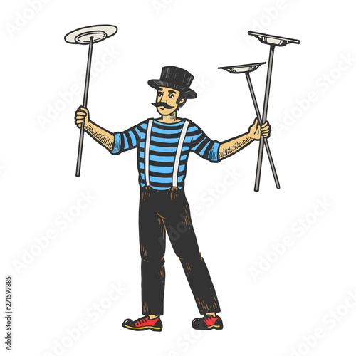 Circus juggler balancing plates on sticks performance color sketch engraving vector illustration. Scratch board style imitation. Black and white hand drawn image.