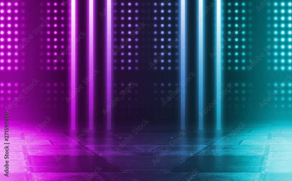 Background of an empty disco scene. Neon square figure in the center of the scene. Neon light smoke. Dark abstract futuristic background