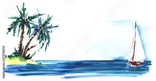 Two palm trees on a small island and White sailboat with a triangular sail in the blue ocean on a white background. Hand-drawn watercolor sketch illustration