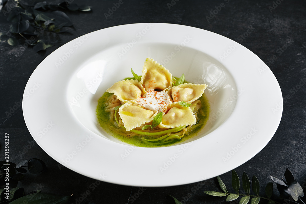 Tortellini with Shrimps or Seafood Ravioli, Young Zucchini Ragout Top View