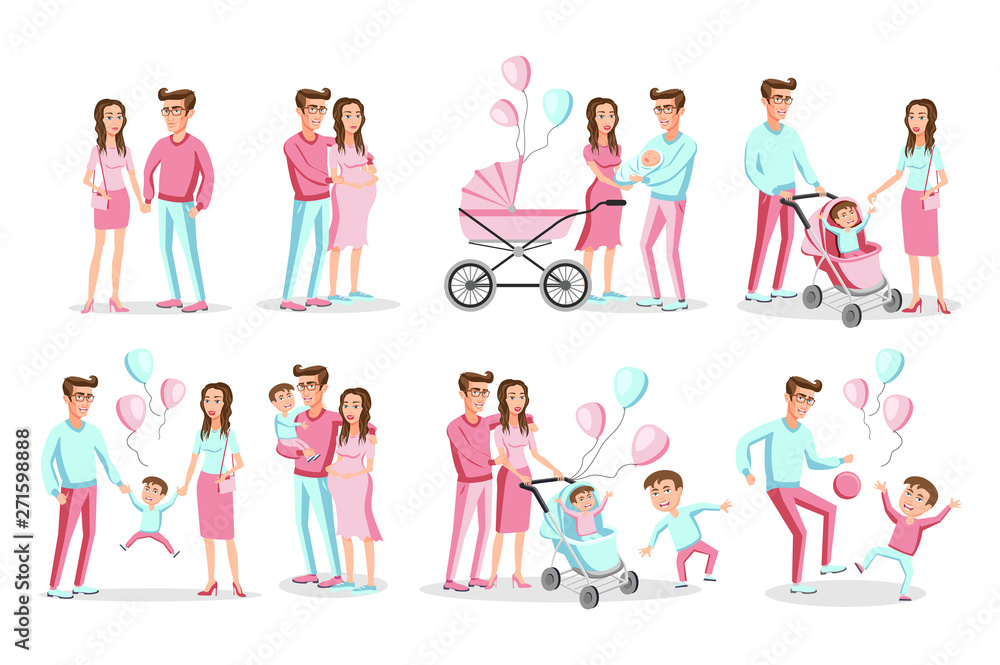Pink blue Set of characters the family. Creation, birth of children, care and upbringing. Mother, father, daughter and son. Vector illustration in a flat style