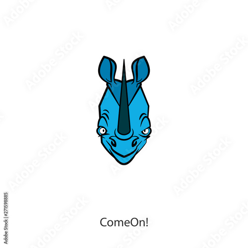 Cartoon funny african character. The head of a funny cute rhino. The kid rhino grimaces and makes eyes. Calling us to run. Vector. Conceptual. Let's play, Come on!