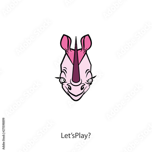 Cartoon funny african character. The head of a funny cute rhino. The kid rhino grimaces and makes eyes. Calling us to run. Vector. Conceptual. Let's play? Come on!