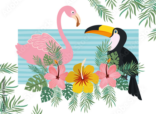 pattern of tucan and flemish with summer flowers