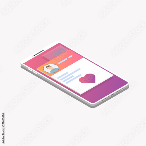 Isometric mobile phone and dating app. Online dating concept, social site photos and profiles with matching. Heart button and like. Trendy gradient and isometric vector.