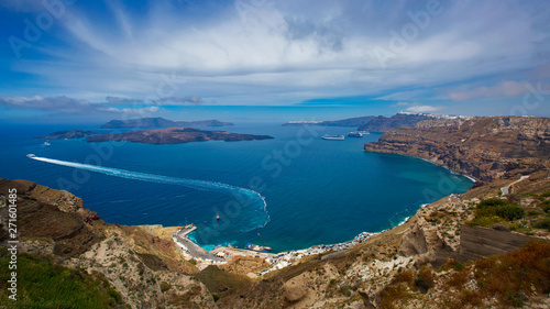 Greece Santorini island in Cyclades, Panoramic top view of road in mountain