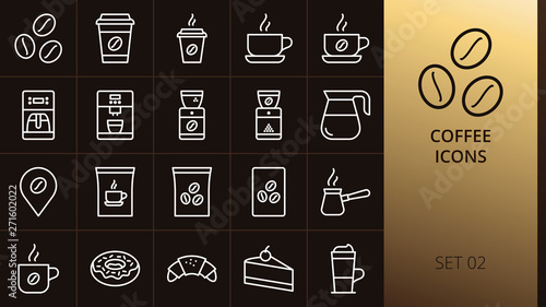 Coffee thin icons set on dark background. Set of hot coffee in paper cup, coffee pot, instant coffee pack, shop location, bakery, espresso cup, cafe linear icons