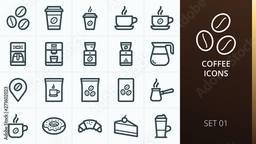Coffee icons set. Set of coffee beans, paper cup of coffee, coffee machine and grinder, turk, bag, pack, decanter, latte, donut bold isolated vector icons