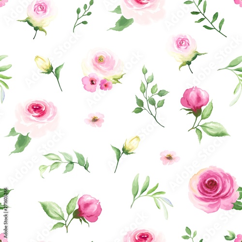 Seamless pattern with roses and leaves, vector illustration on white background.