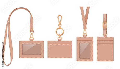 Name tags, card holders, ID badge cases with front window/ plastic membrane shield and slot in at the back, neck strap or band ribbon, vector illustration sketch template isolated on white background
