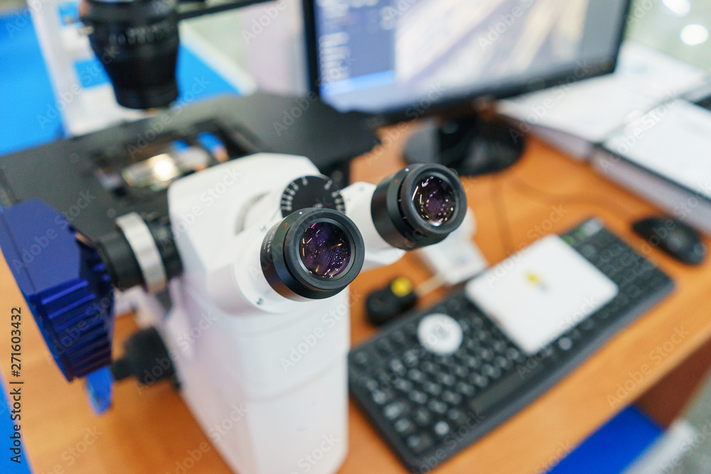 Modern medical instrument microscope for the study of biological samples. Modern medical instrument microscope for the study of biological samples.