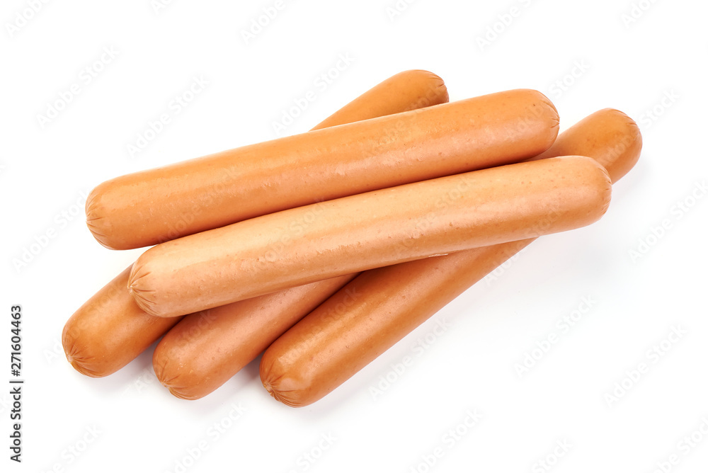 Chicken fresh boiled sausages, macro, isolated on white background Chicken fresh boiled sausages, macro, isolated on white background