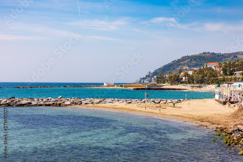 Fototapeta Naklejka Na Ścianę i Meble -  Sanremo beach at Mediterranean sea shore