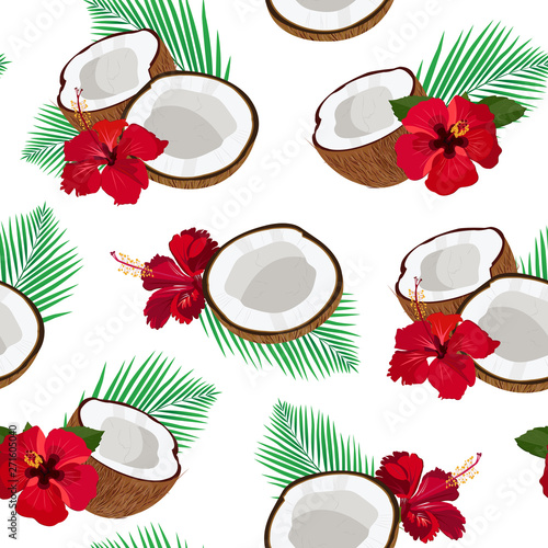 Seamless pattern coconut piece and palm leaves with red hibiscus, Vector illustration in flat style.