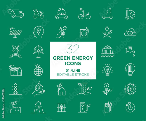 Set of Green Energy white icons in line	