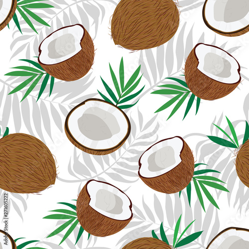 Seamless pattern whole coconut and piece with palm leaves on white background, Vector illustration