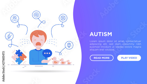 Autism symptoms and adaptive skills: child is crying in hysterics,  thin line icons: repetitive behavior, stereotypy, ignoring of danger, autoaggression, social interaction. Vector illustration.
