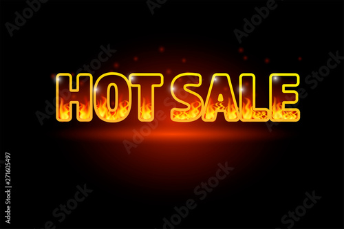Realistic 3D Fire burning text Hot Sale, special offer banner. Hot red flame glowing on black barckground. For seasonal discount poster, illustration, flyer, black friday advertisement template