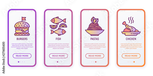Restaurant menu concept with thin line icons for mobile user interface. Burger, fish, pasta, salad, chicken. Modern vector illustration for food delivery.