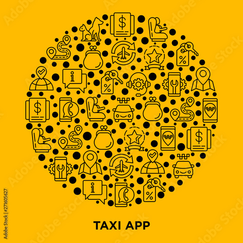 Taxi app concept in circle with thin line icons: payment method, promocode, app settings, info, support service, phone number, pointer, airport transfer, baby seat. Vector illustration for print media